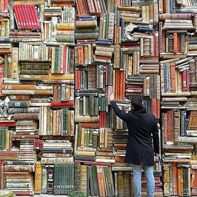 Man climbing a wall of books