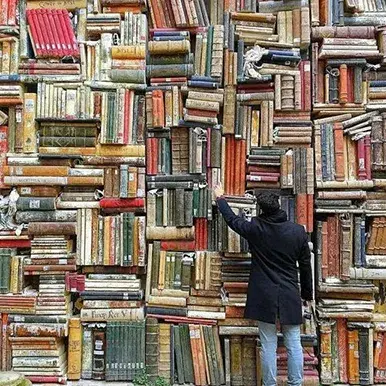 Man climbing a wall of books