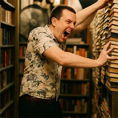 Man reaching for books in a library