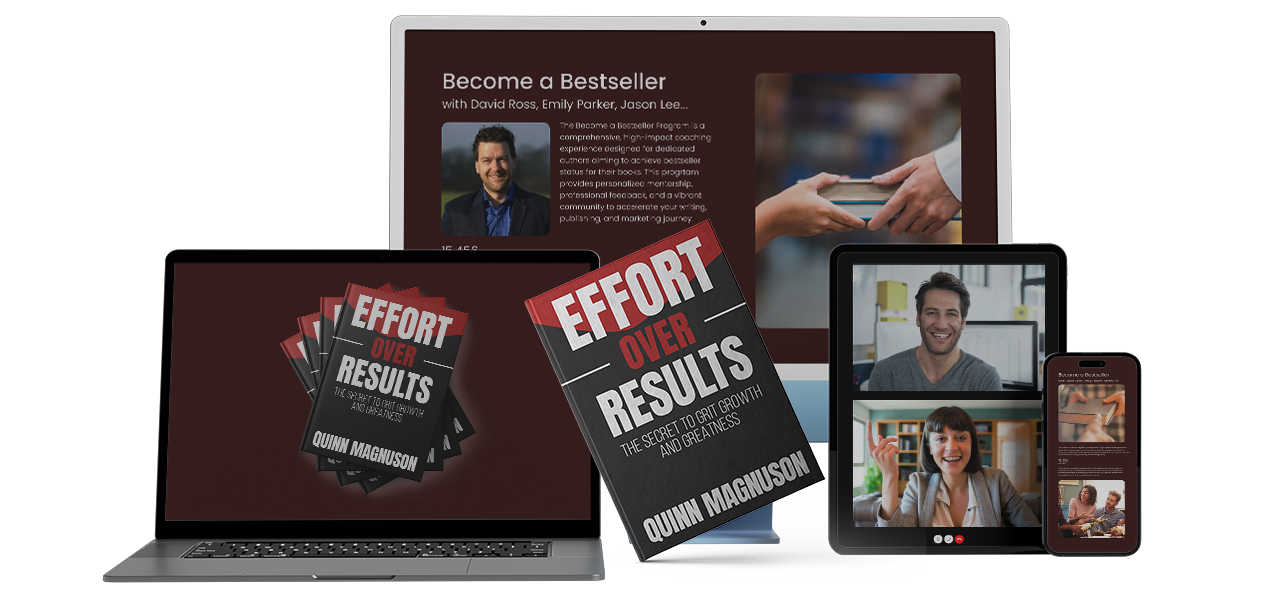 A collection of devices displaying book marketing resources and a physical book with promotional tools.