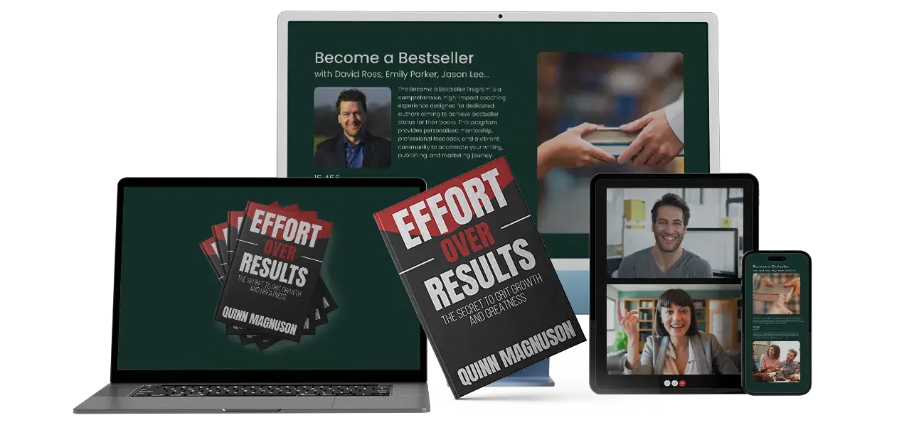 A collection of devices displaying course content and a physical book titled 'Your Own Published Book'.