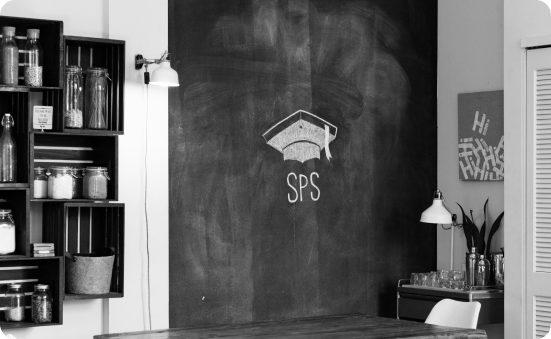 Interior of a room with a chalkboard
