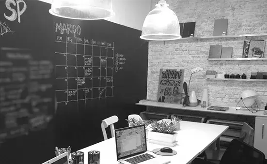 Interior of a room with a chalkboard