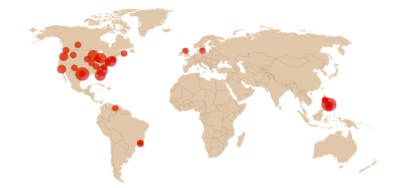 World map with red dots indicating locations